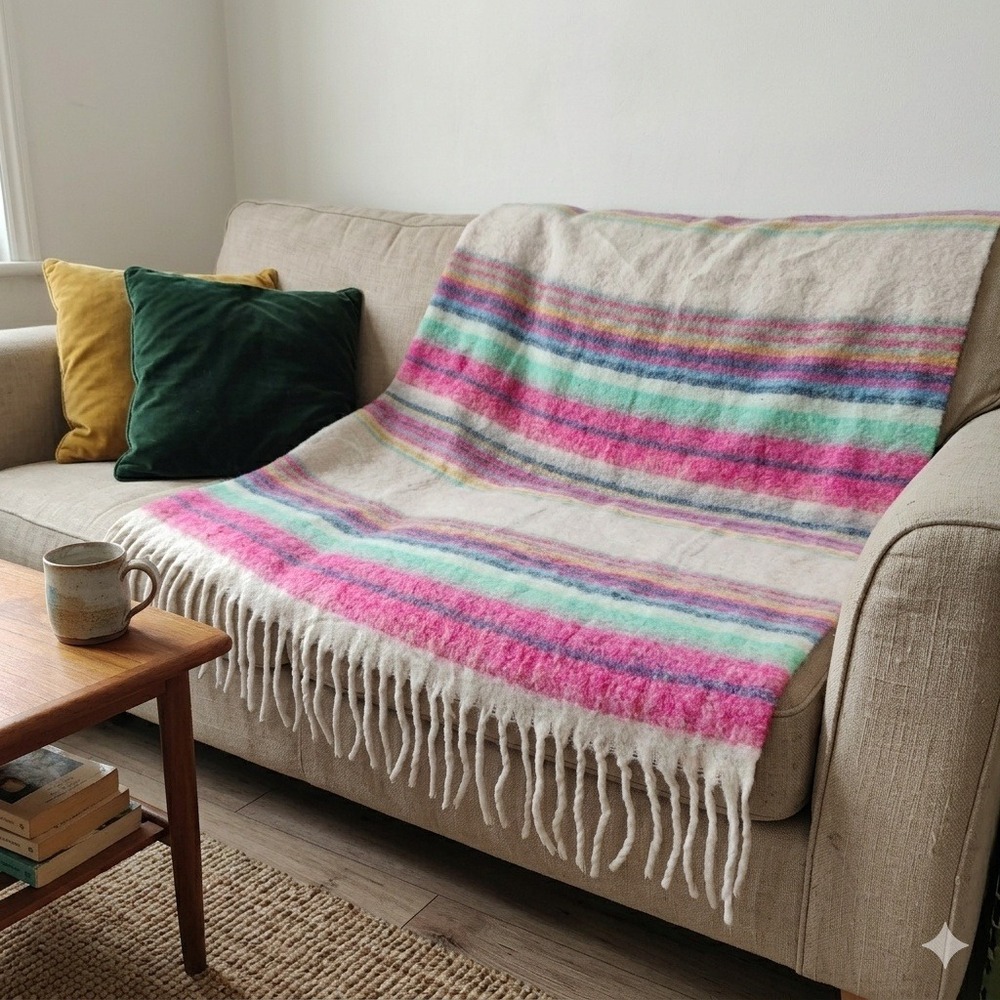 Free People Fringe Throw Blanket Ivory Pink Striped Boho Bohemian